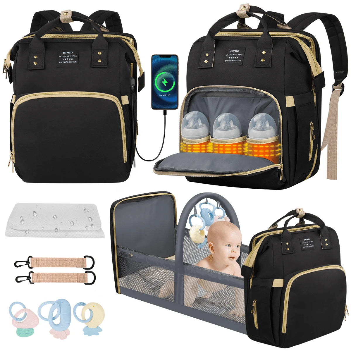 Diaper Bag Backpack, Multifunctional Baby Changing Bag with Foldable Crib & Insulated Milk Bottle Pocket, Large Capacity Travel Backpack with USB Charging Port & Stroller Strap (Black)