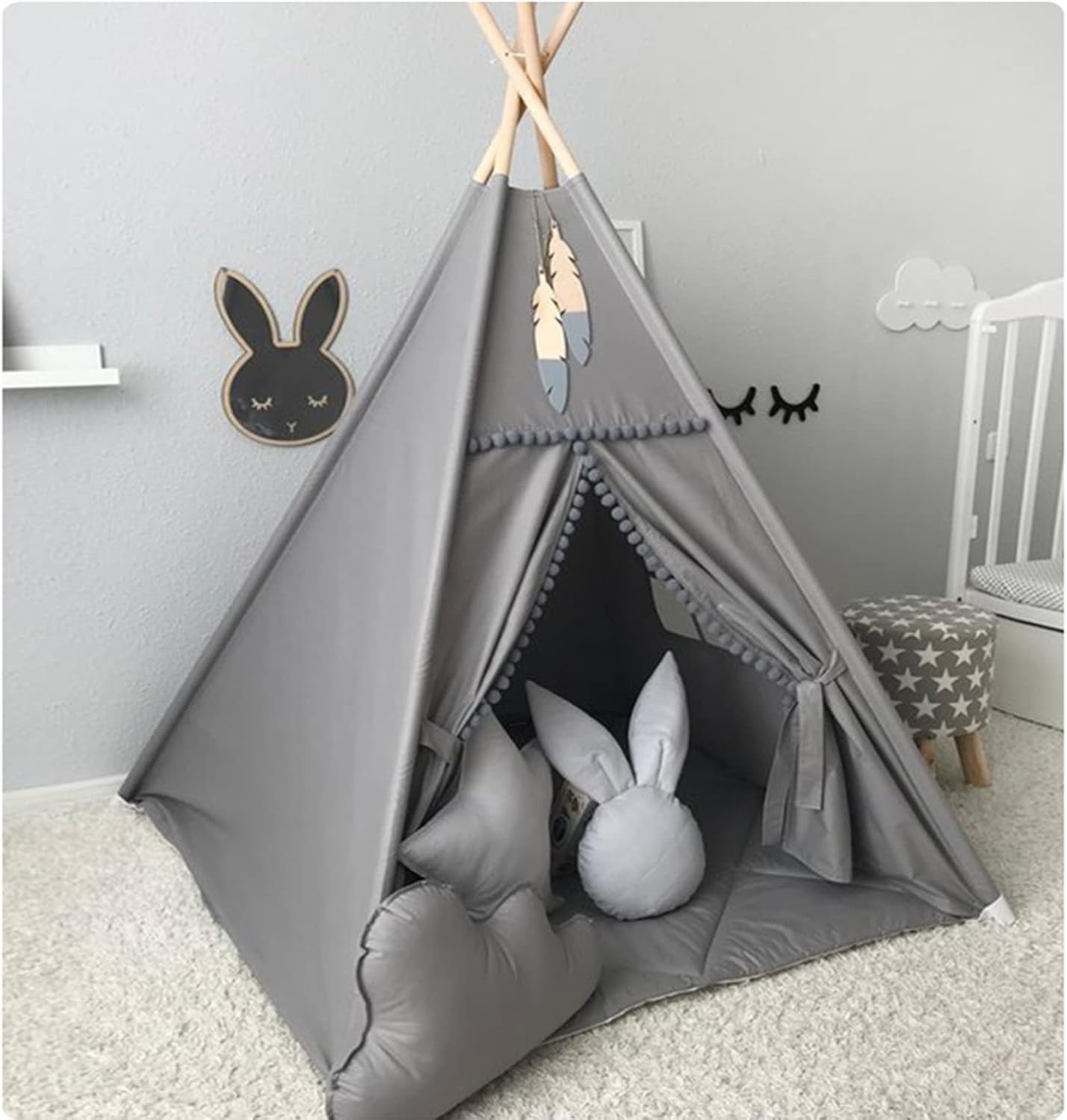 Kids Teepee Tent with White Pom Pom - Indoor Play Teepee for Children Boys Portable Play House (Green)
