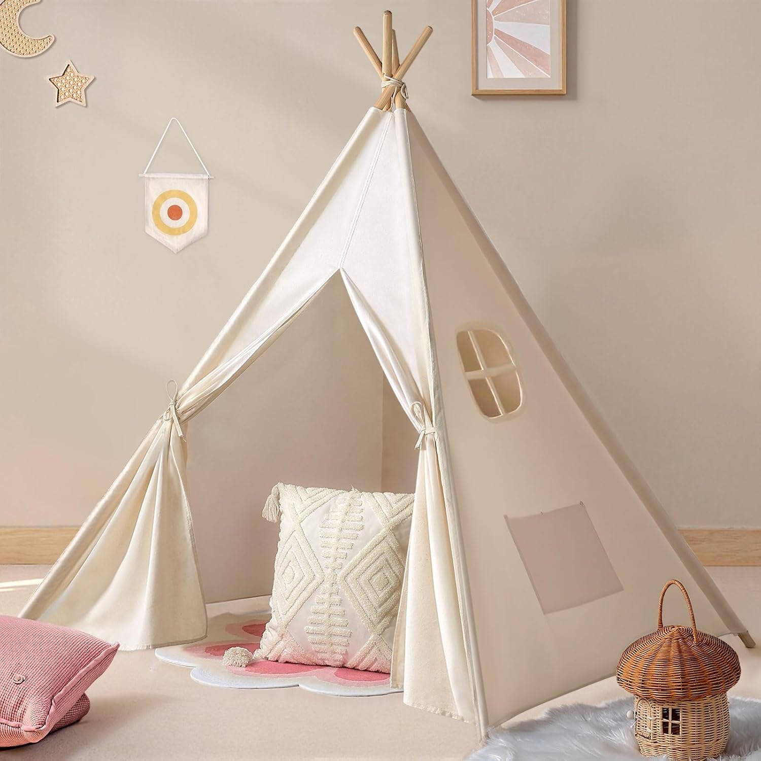 Teepee Tent for Kids Indoor - Natural Canvas Kids Play Tent - Washable Tipi Sleepover Tents with Lights & Carry Bag, Outdoor Toddler Tents for Girls & Boys - Foldable Playroom Gift Toys
