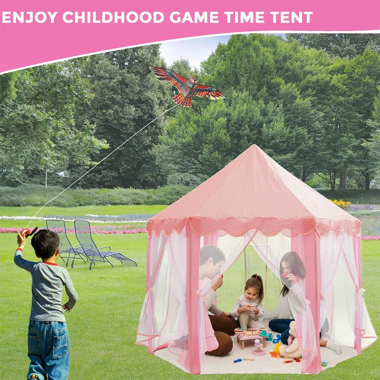 Princess Castle Play Tents with LED Star Lights,Large Size 55" X 53" Pink Hexagon Playhouses Kids Toys for Children Toddlers Indoor Outdoor Games