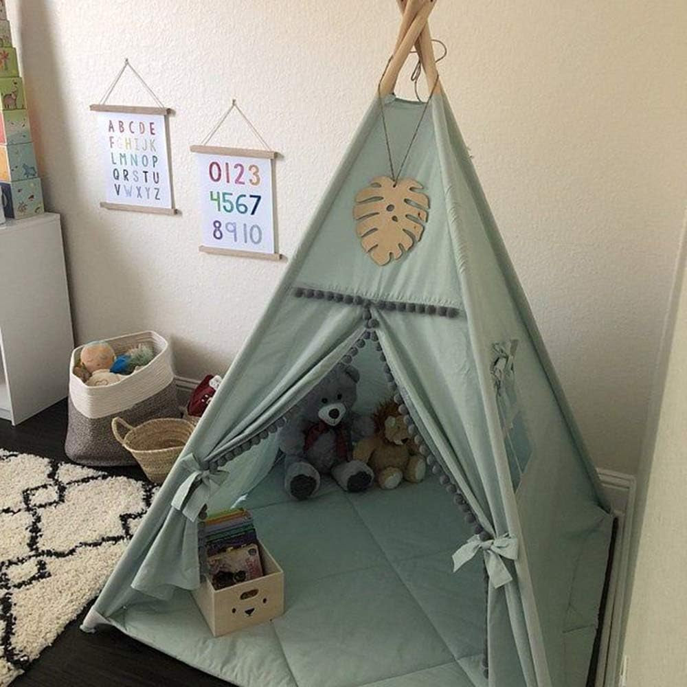 Kids Teepee Tent with White Pom Pom - Indoor Play Teepee for Children Boys Portable Play House (Green)
