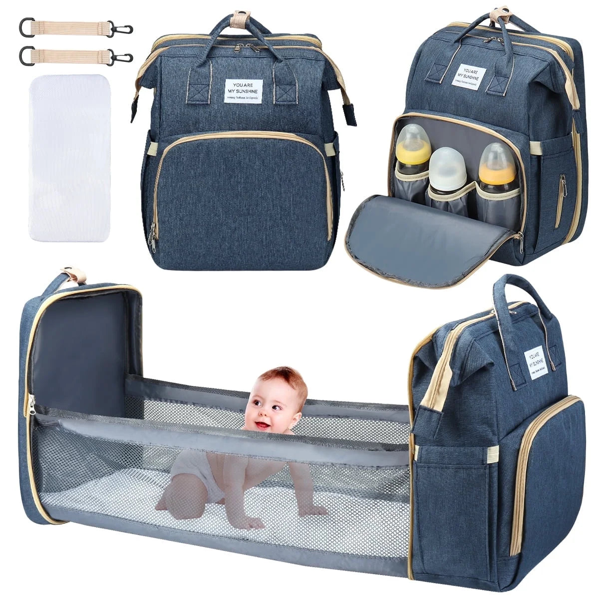 Diaper Bag Backpack,  Multifunction 3 in 1 Waterproof Travel Back Pack, Baby Changing Bags with Changing Pad, Stroller Straps, Unisex, Grey