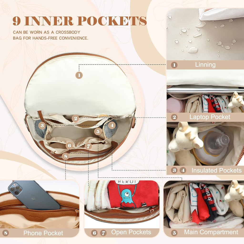 Diaper Bag Backpack Baby Diaper Bag, Large Leather Diaper Bag Backpack with Changing Pad, Stroller Straps, and 2 Insulated Pockets(Convertible, Brown)