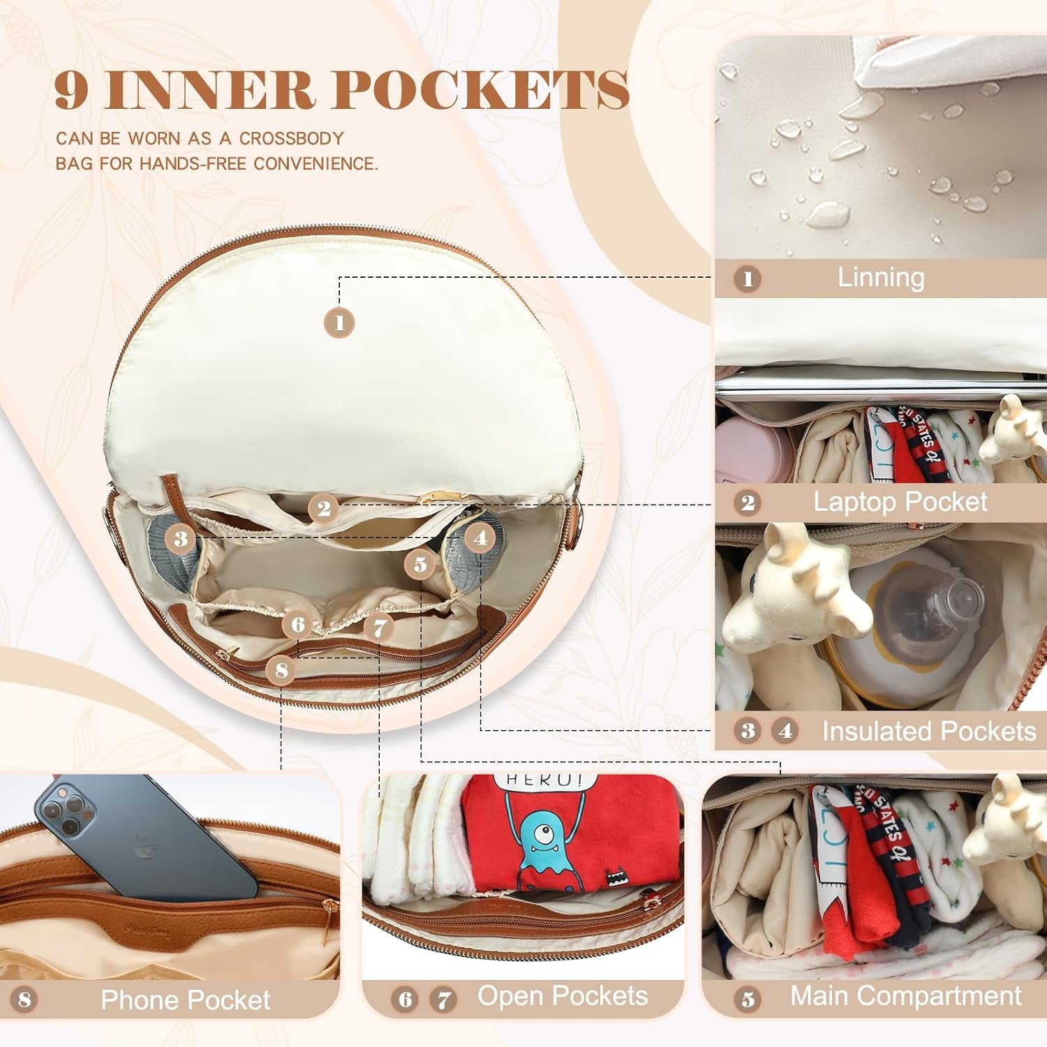 Diaper Bag Backpack Baby Diaper Bag, Large Leather Diaper Bag Backpack with Changing Pad, Stroller Straps, and 2 Insulated Pockets(Convertible, Brown)