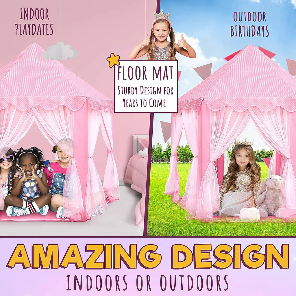 Princess Castle Play Tents with LED Star Lights,Large Size 55" X 53" Pink Hexagon Playhouses Kids Toys for Children Toddlers Indoor Outdoor Games