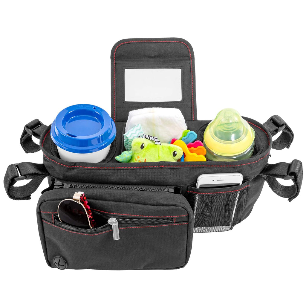 Stroller Organizer with Cup Holder - Fits Strollers, Stroller Accessory for Baby Storage on the Go, Stroller Caddy with Multiple Storage Sections, Secure Fit Won’T Slip or Slide (Red)