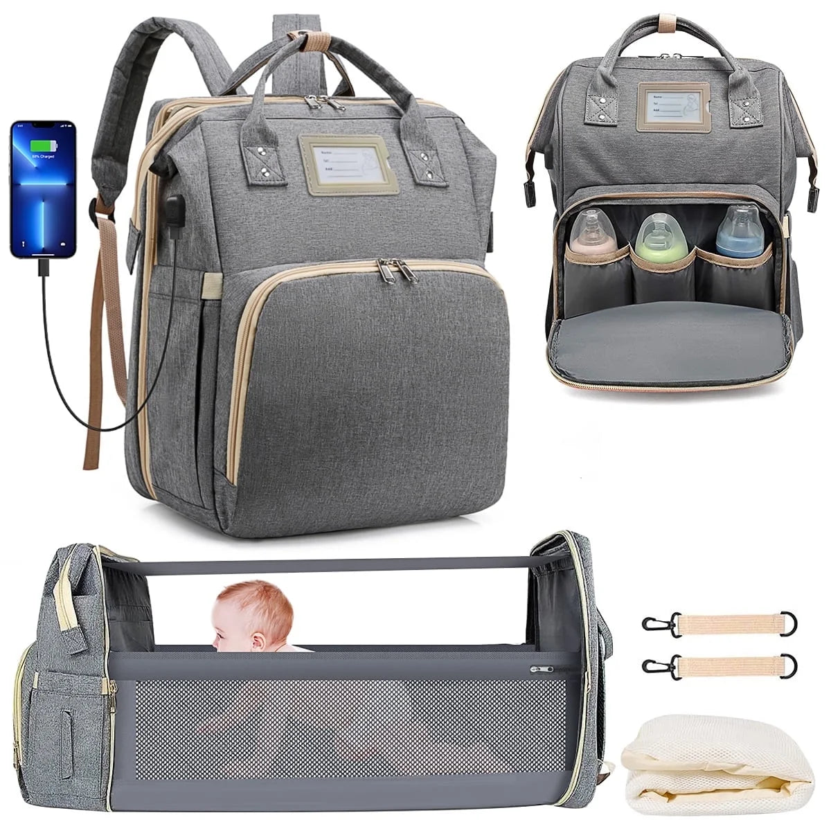 Diaper Bag Backpack, Multifunctional Baby Changing Bag with Foldable Crib & Insulated Milk Bottle Pocket, Large Capacity Travel Backpack with USB Charging Port & Stroller Strap (Black)