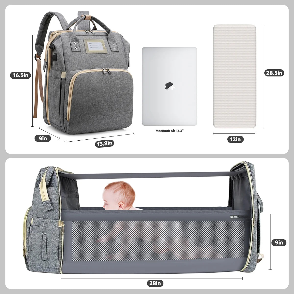Diaper Bag Backpack, Multifunctional Baby Changing Bag with Foldable Crib & Insulated Milk Bottle Pocket, Large Capacity Travel Backpack with USB Charging Port & Stroller Strap (Grey)