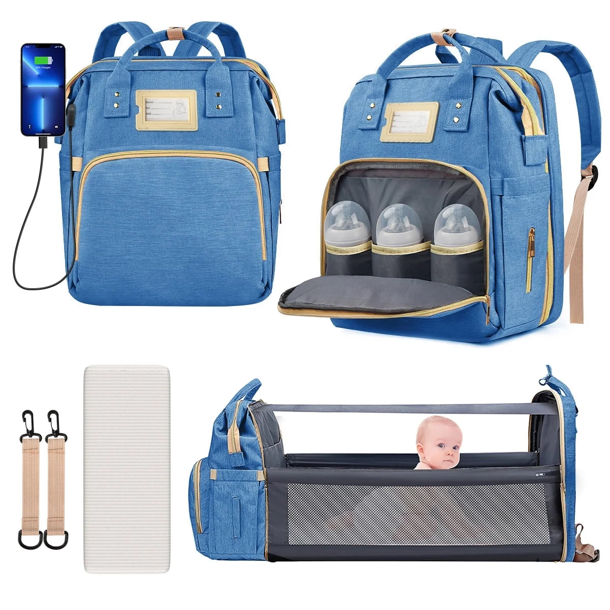 Diaper Bag Backpack, Multifunctional Baby Changing Bag with Foldable Crib & Insulated Milk Bottle Pocket, Large Capacity Travel Backpack with USB Charging Port & Stroller Strap (Grey)