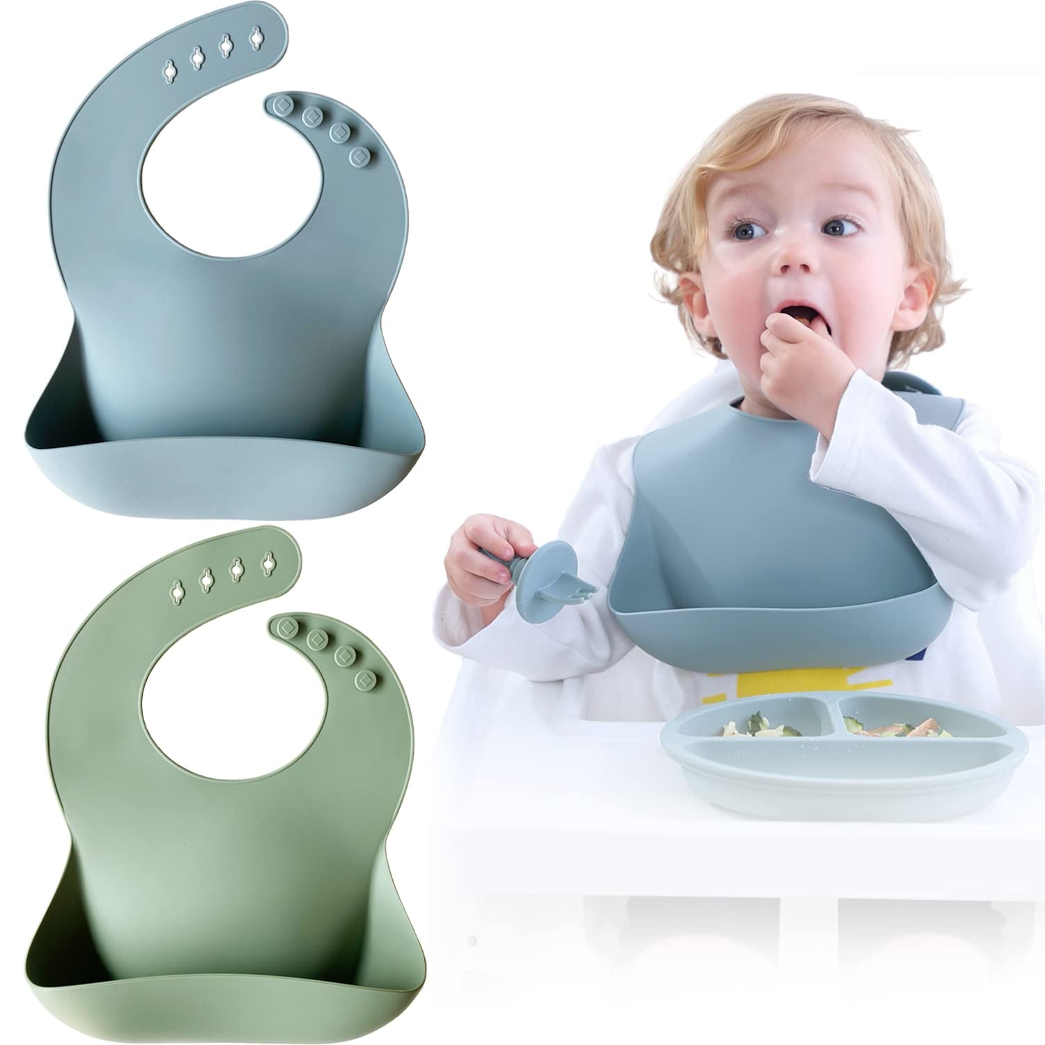 Silicone Baby Bibs Set of 2 | BPA Free Waterproof | Soft Flexible Adjustable Silicone Bibs for Babies & Toddlers(Ether/Sage)