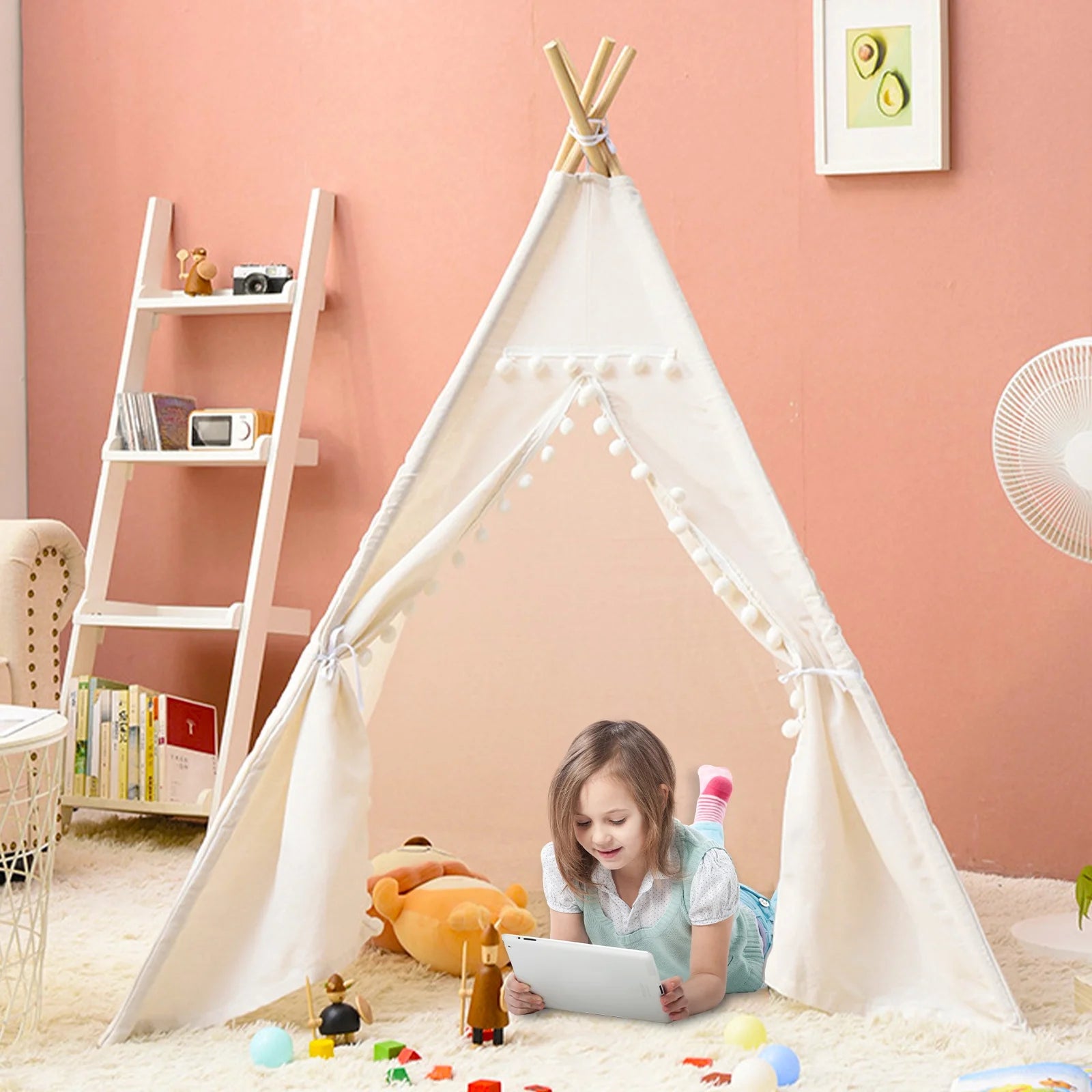 Teepee Tent for Kids, Play Tent with Pompom Ball Design,Washable Foldable Kids Tent for Indoor and Outdoor, Playhouse Toys for Toddler, Boys and Girls