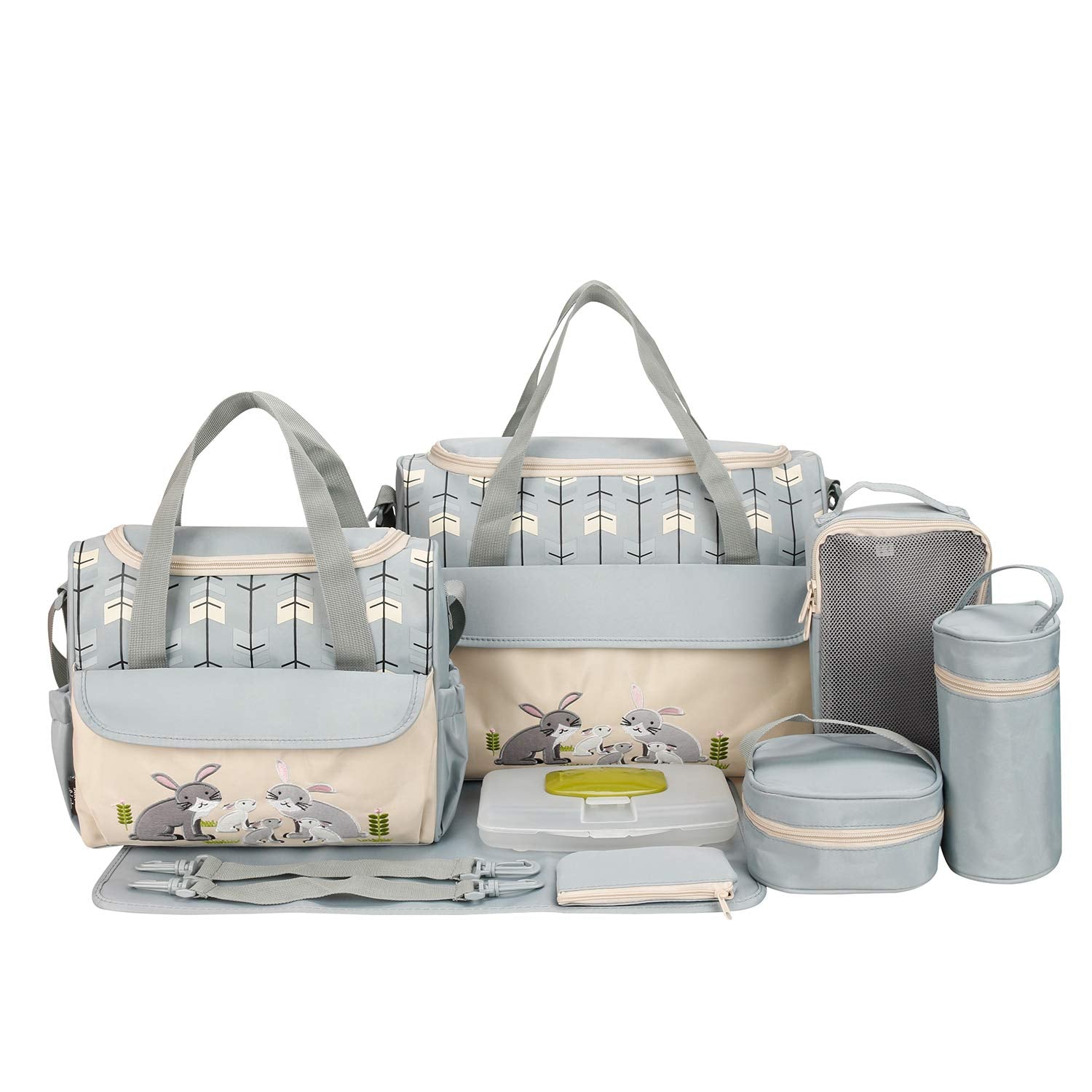Soho Animals 10-Piece Diaper Tote Bag Set in Gray with Rabbit Design