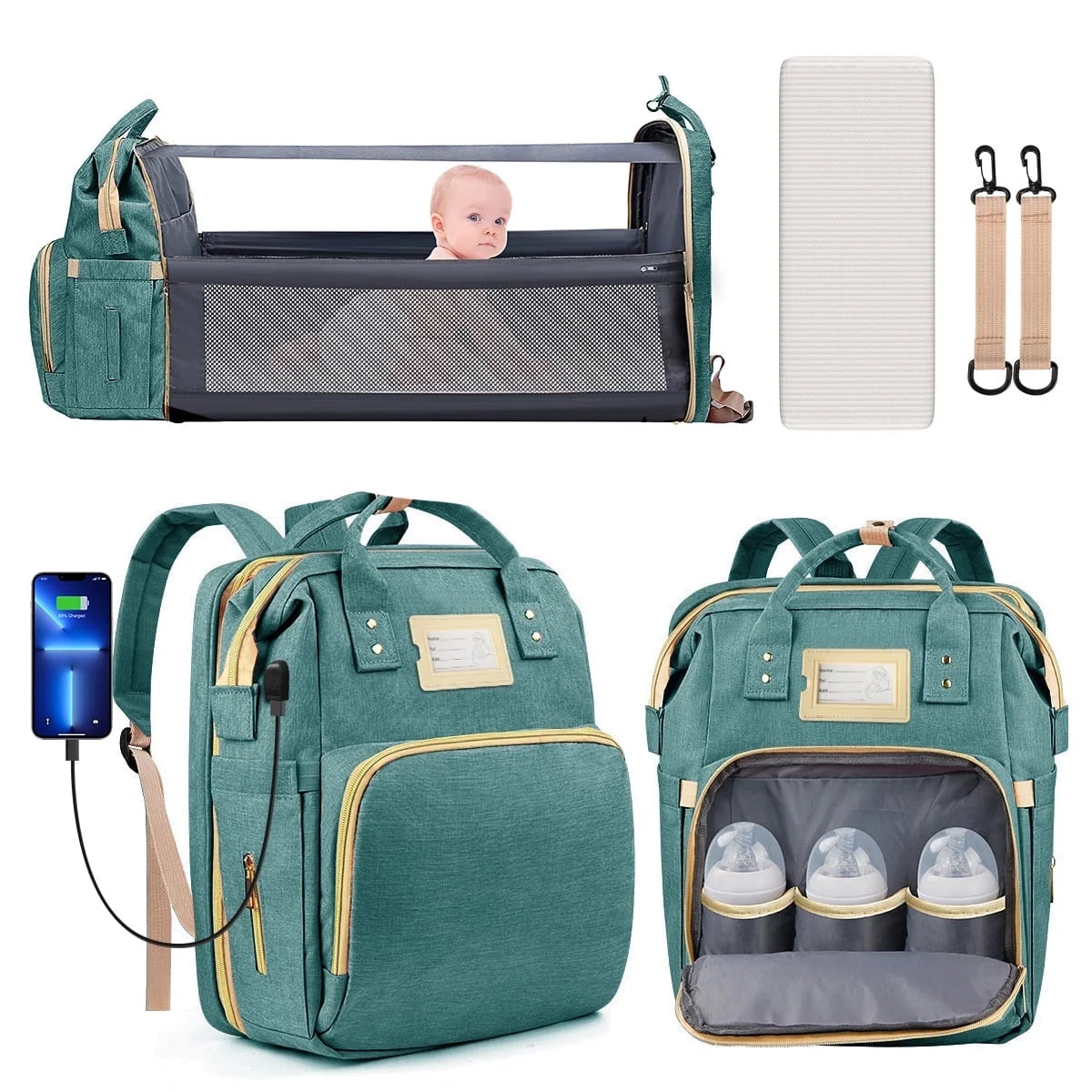Diaper Bag Backpack, Multifunctional Baby Changing Bag with Foldable Crib & Insulated Milk Bottle Pocket, Large Capacity Travel Backpack with USB Charging Port & Stroller Strap (Black)