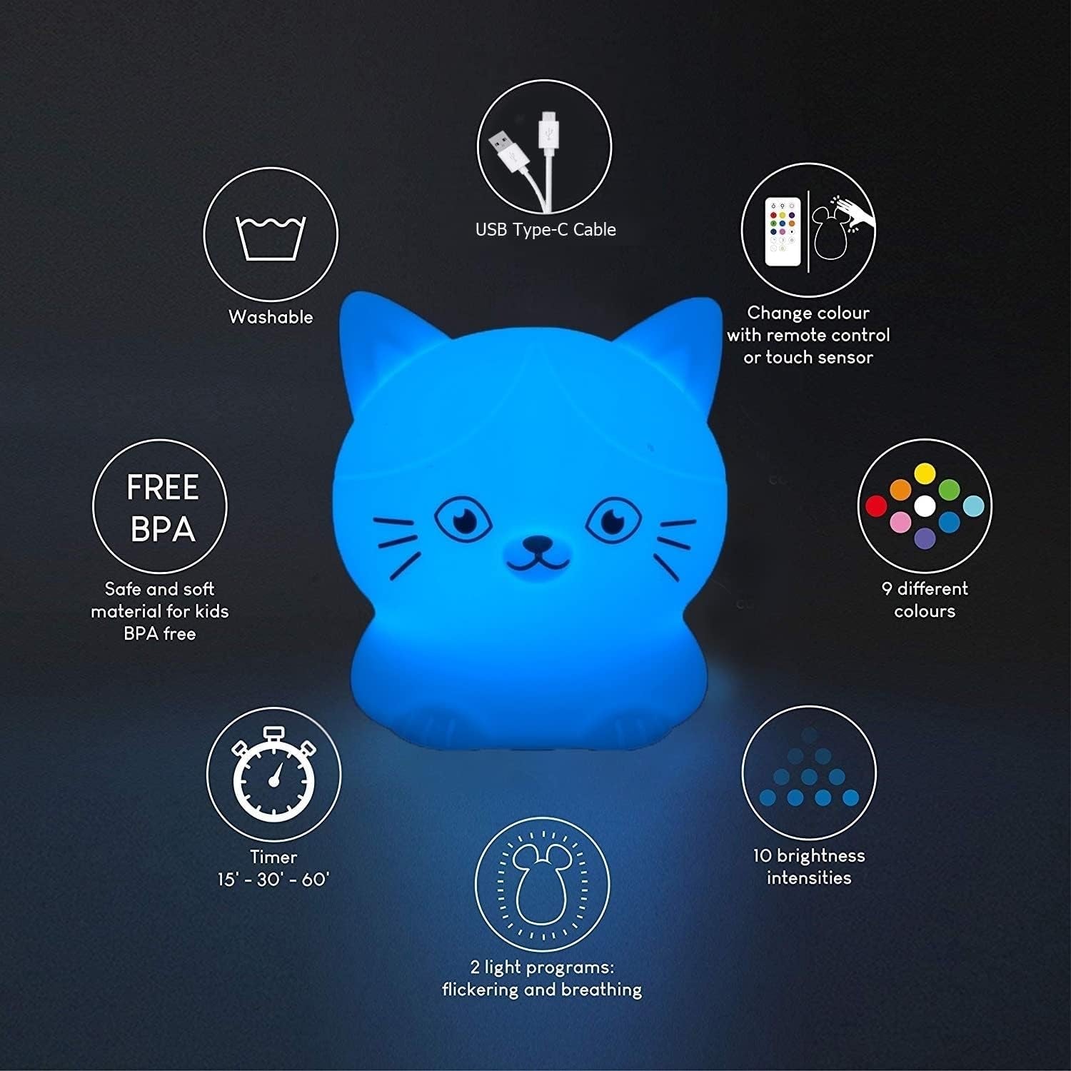 Cat Night Lights Children'S Room Lighting, Toddler Bedroom Sleep Lights Bedside Lamp - 9 Colors Lamps Room Decor for Toddlers/Boys/Girls/Adults/Bedroom/Bathroom/Outdoor/Camping - Medium