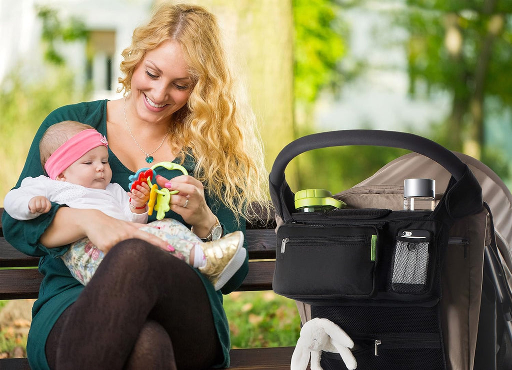 Universal Stroller Organizer - Elevate Your Experience W/ Insulated Cup Holders, Diaper Storage, Secure Straps, Detachable Bag, Pockets for Phone, Keys, Toys. Smart Parenting