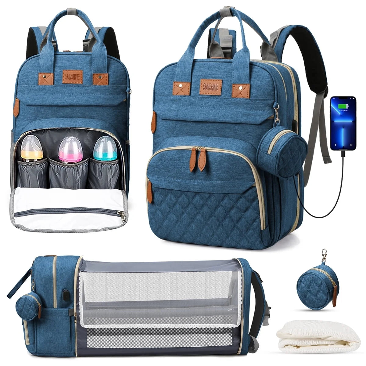 Diaper Bag Backpack, Multifunction Diaper Bag Backpack with Changing Station, USB Charging Port & Foldable Crib, Large Capacity Travel Backpack W/Sunshade&Pacifier Case&Stroller Straps(Red)