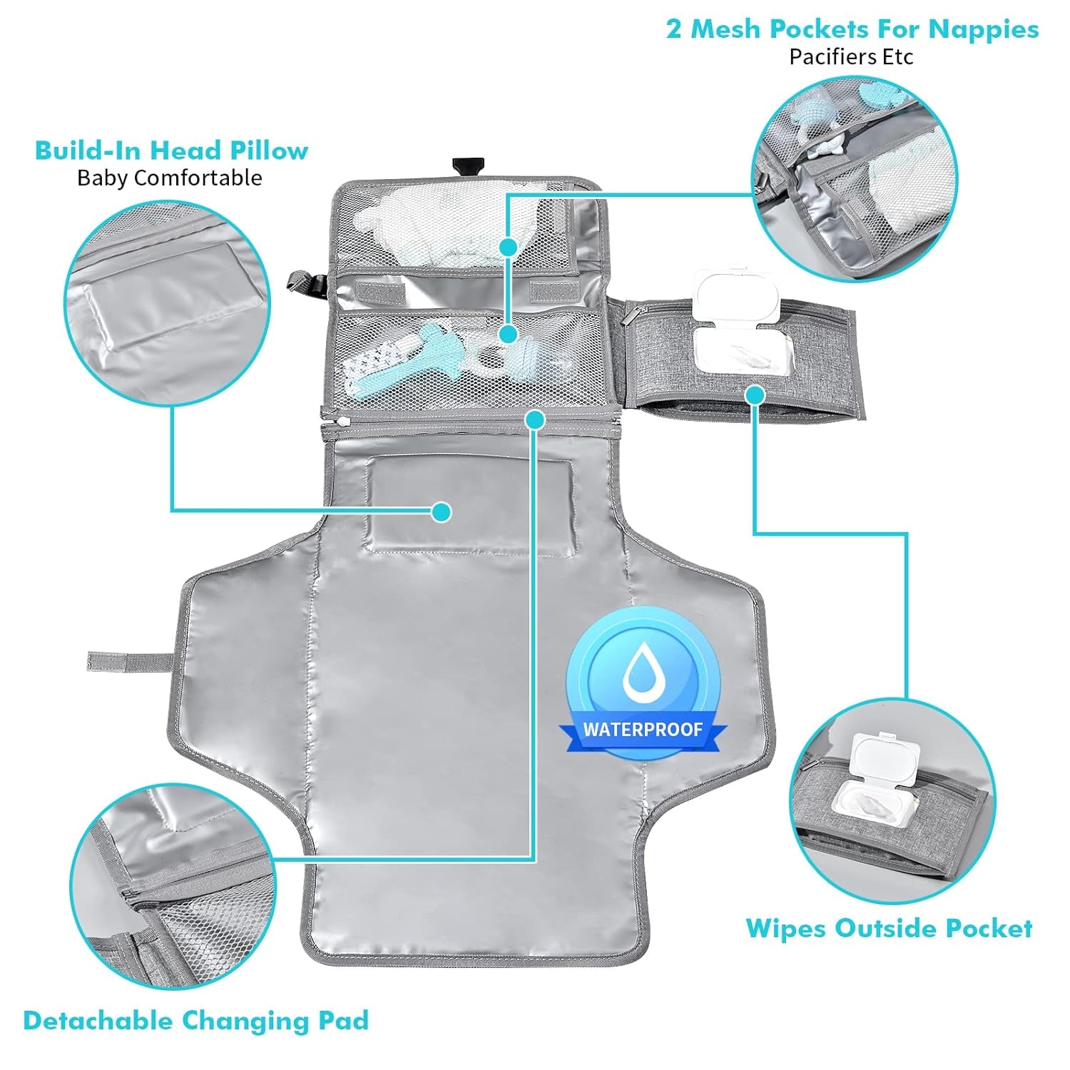 Diaper Changing Pad – Waterproof, Extra-Large, Memory Foam Pillow, Convenient Wet Wipes Bag, Easy to Carry, Portable for Travel – Ideal for Newborns & Infants