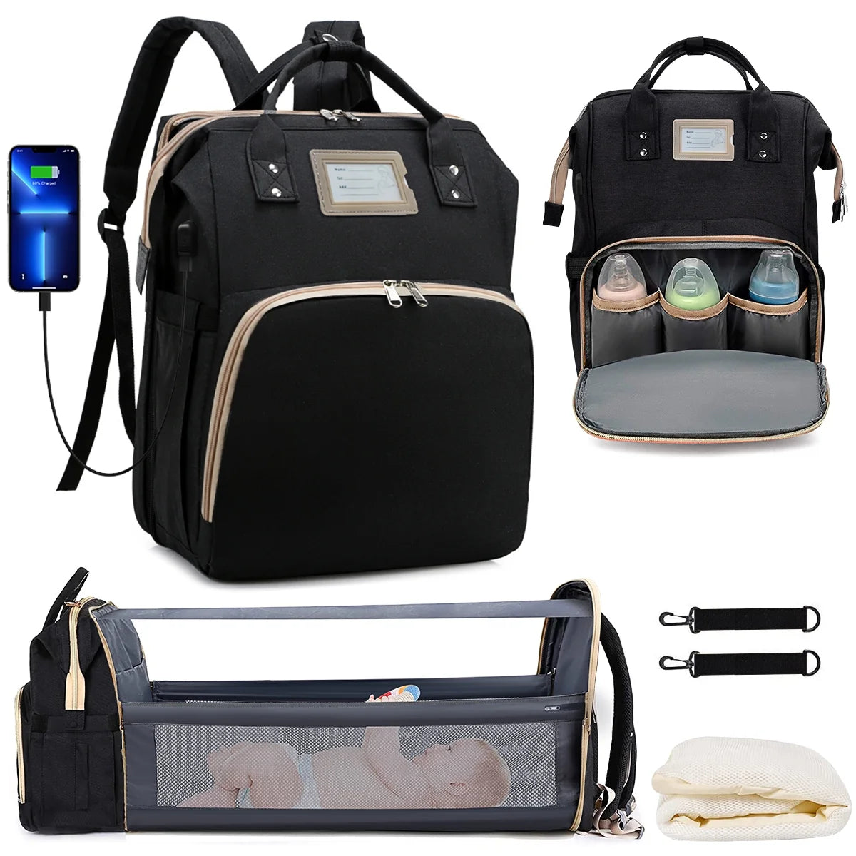 Diaper Bag Backpack, Multifunctional Baby Changing Bag with Foldable Crib & Insulated Milk Bottle Pocket, Large Capacity Travel Backpack with USB Charging Port & Stroller Strap (Grey)