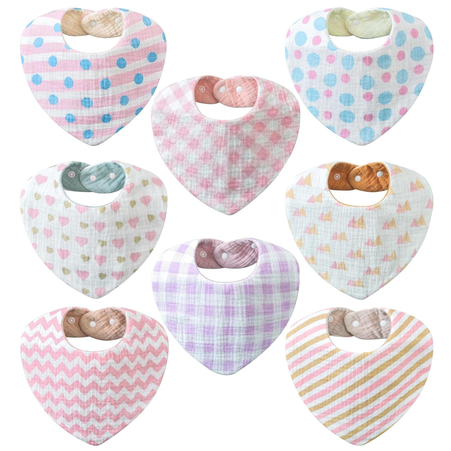 Reversible Muslin Bibs for Baby Girl, 8 Pack, 16 Stylish Designs Bandana Bibs, Solid Colors & Adorable Prints, Soft and Absorbent Baby Bibs for Drooling and Teething