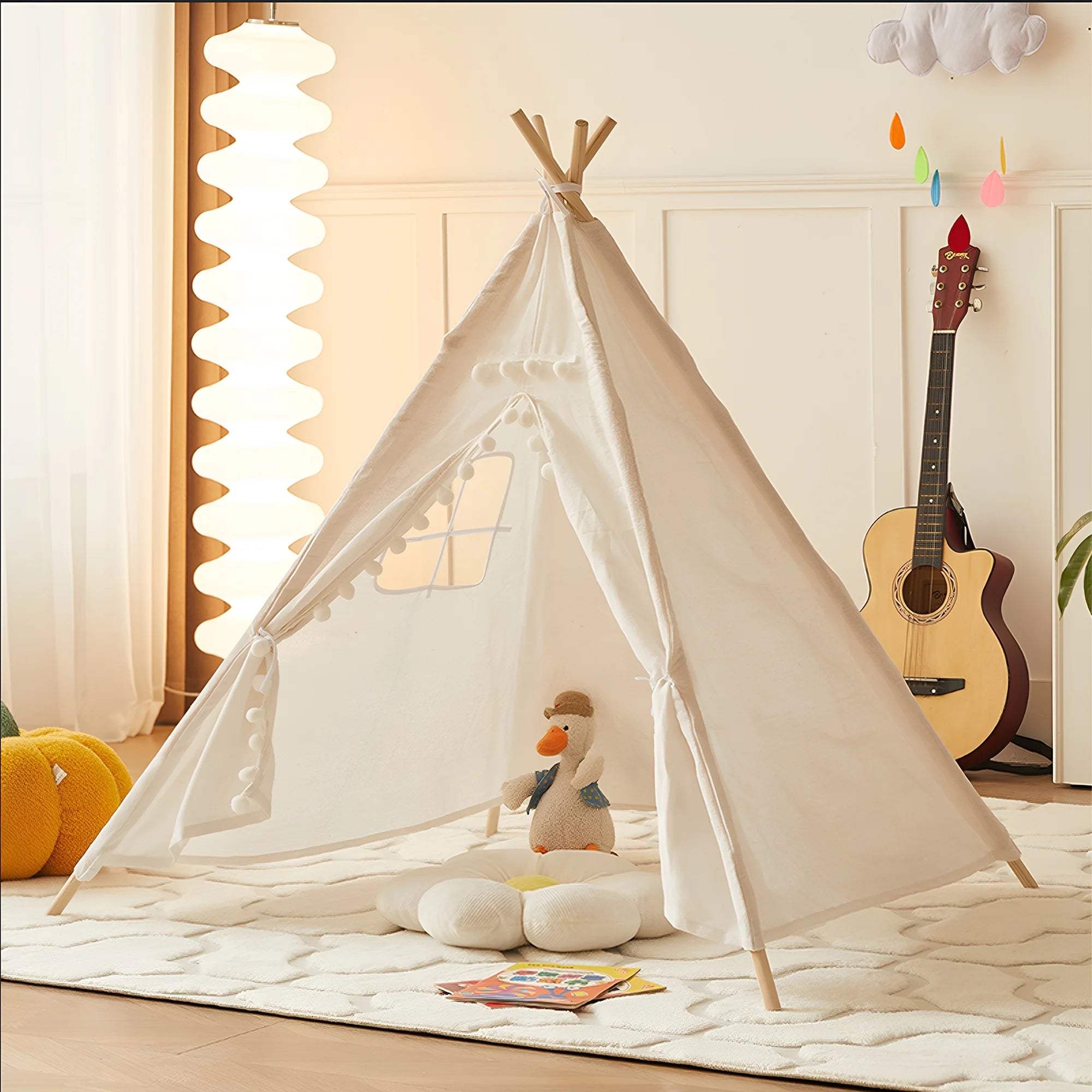 Teepee Tent for Kids, Play Tent with Pompom Ball Design,Washable Foldable Kids Tent for Indoor and Outdoor, Playhouse Toys for Toddler, Boys and Girls