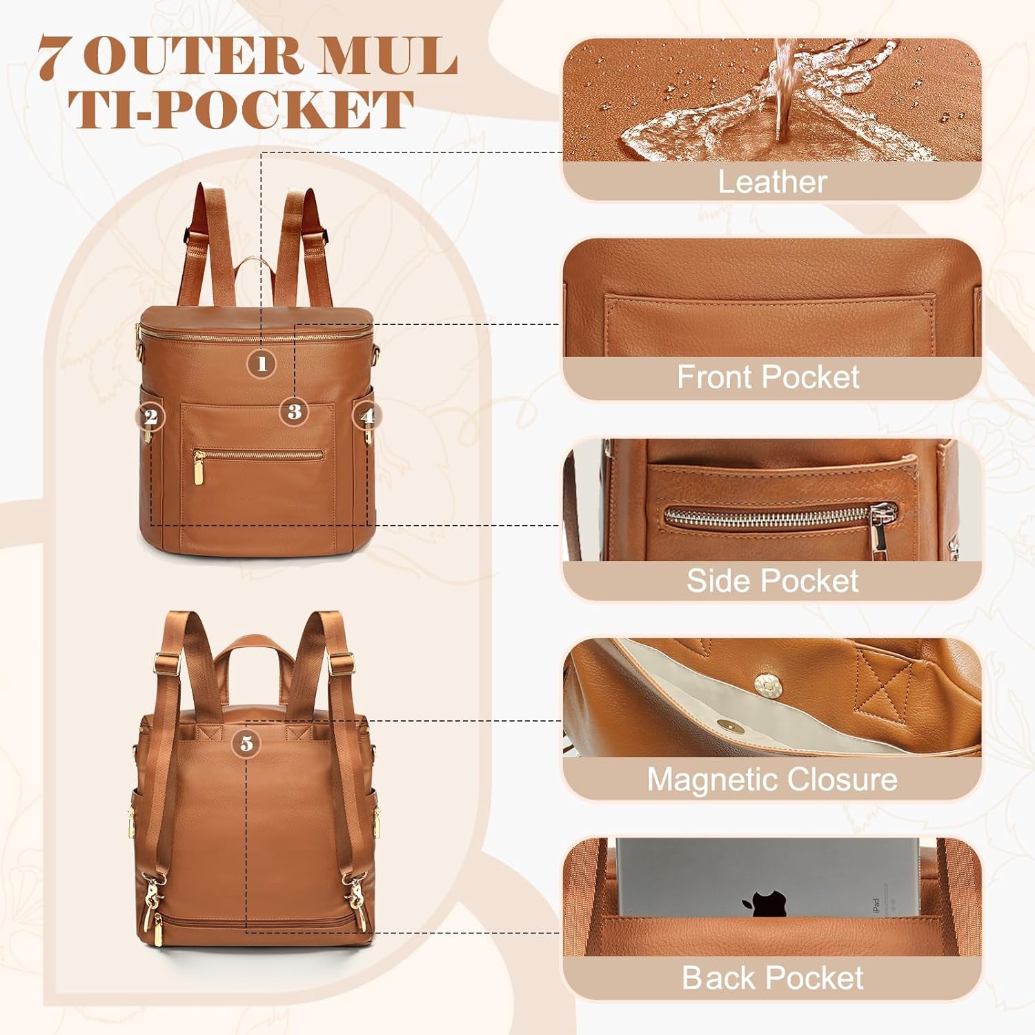 Diaper Bag Backpack Baby Diaper Bag, Large Leather Diaper Bag Backpack with Changing Pad, Stroller Straps, and 2 Insulated Pockets(Convertible, Brown)