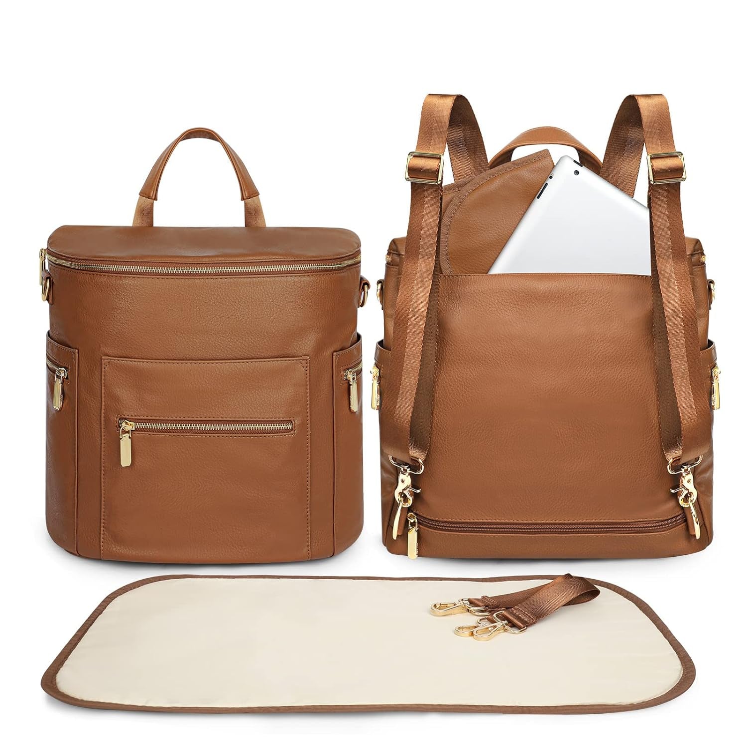 Diaper Bag Backpack Baby Diaper Bag, Large Leather Diaper Bag Backpack with Changing Pad, Stroller Straps, and 2 Insulated Pockets(Convertible, Brown)
