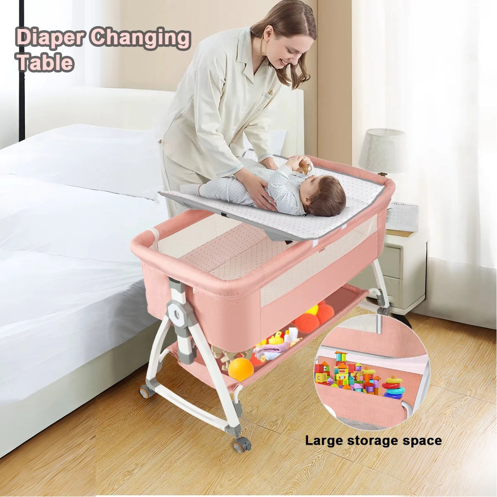 Baby Bassinet with Wheels, Portable Infant Bedside Crib Travel Bassinet, Pink
