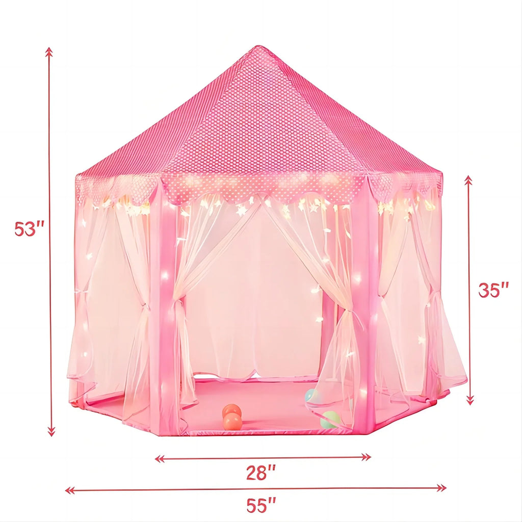 Princess Castle Play Tents with LED Star Lights,Large Size 55" X 53" Pink Hexagon Playhouses Kids Toys for Children Toddlers Indoor Outdoor Games