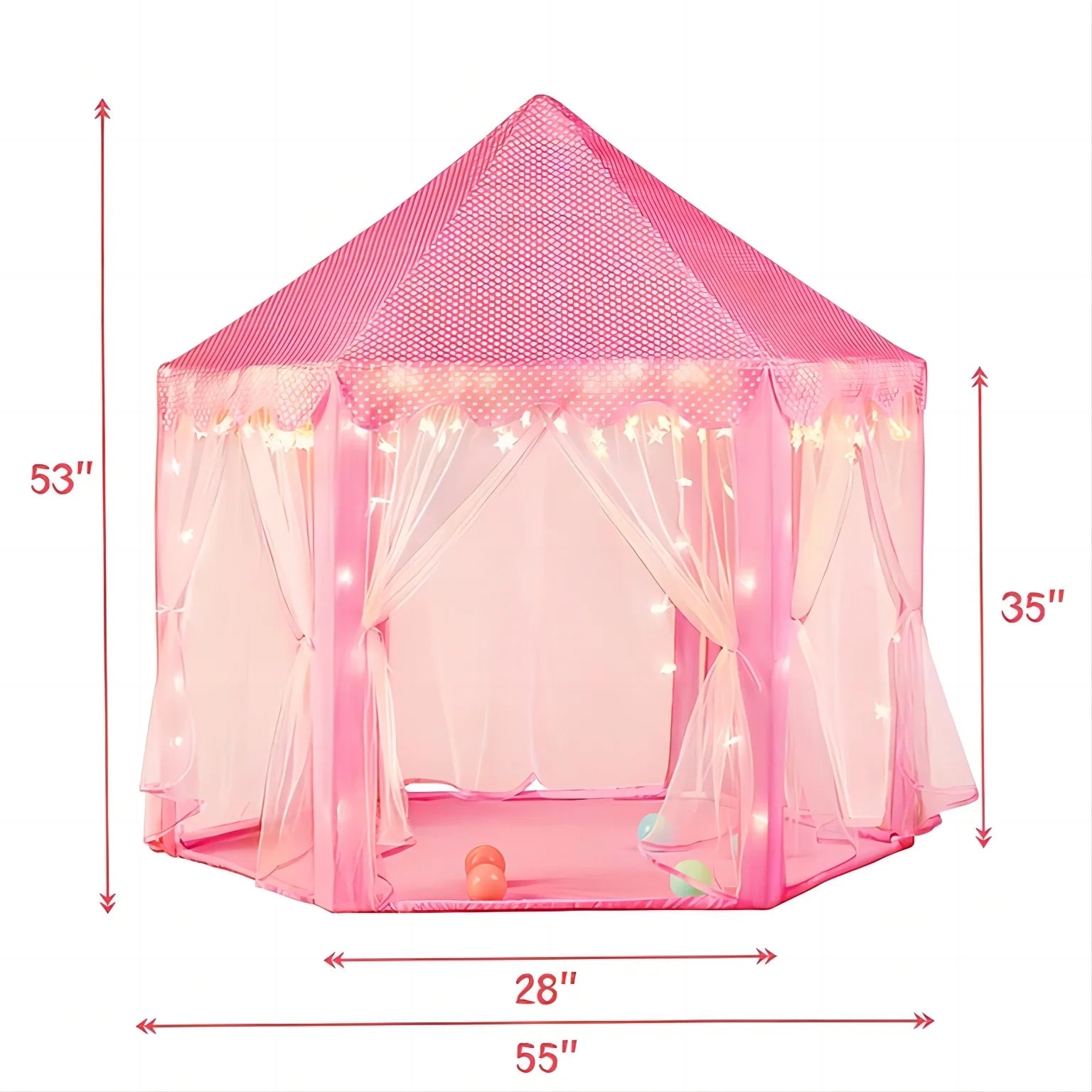 Princess Castle Play Tents with LED Star Lights,Large Size 55" X 53" Pink Hexagon Playhouses Kids Toys for Children Toddlers Indoor Outdoor Games