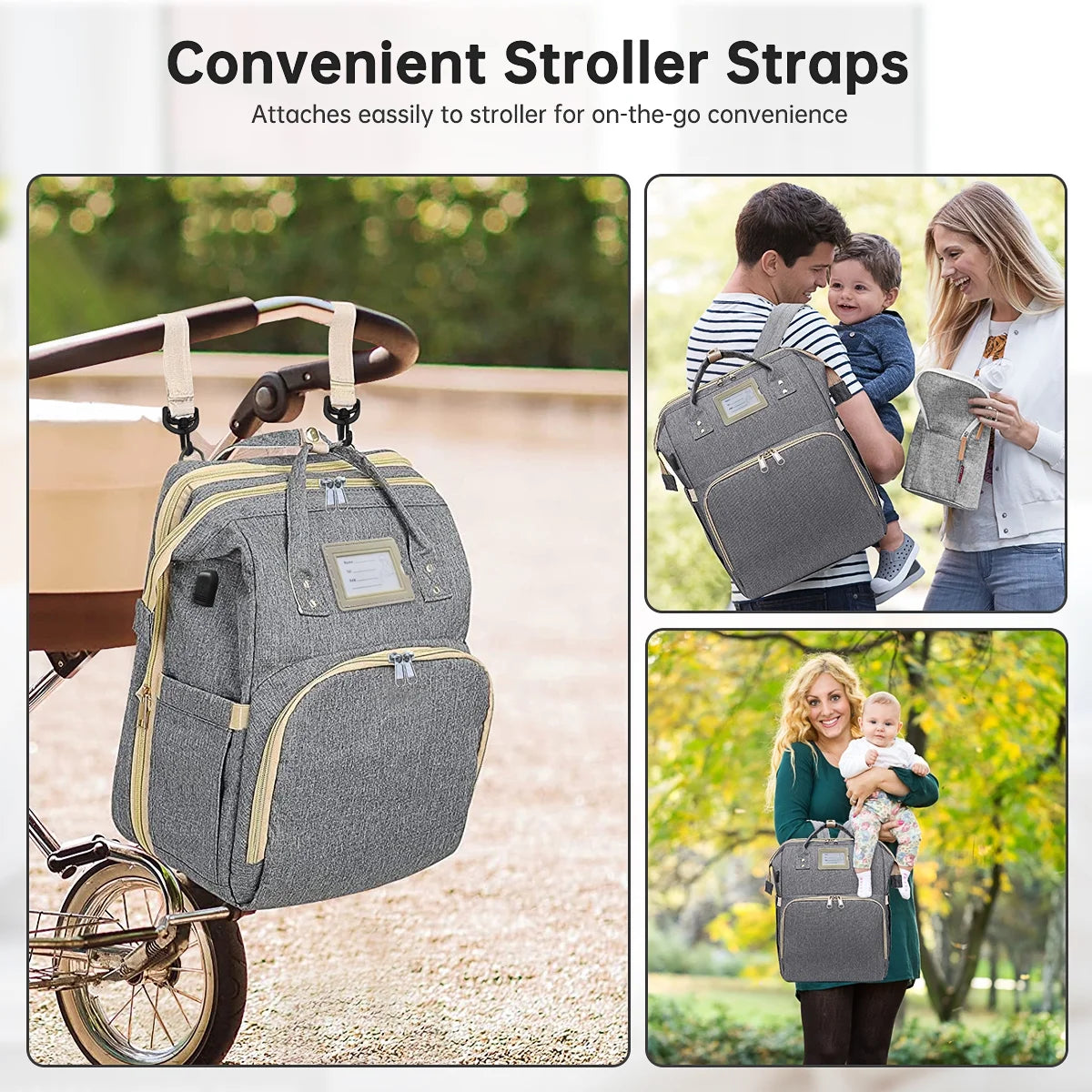 Diaper Bag Backpack, Multifunctional Baby Changing Bag with Foldable Crib & Insulated Milk Bottle Pocket, Large Capacity Travel Backpack with USB Charging Port & Stroller Strap (Grey)