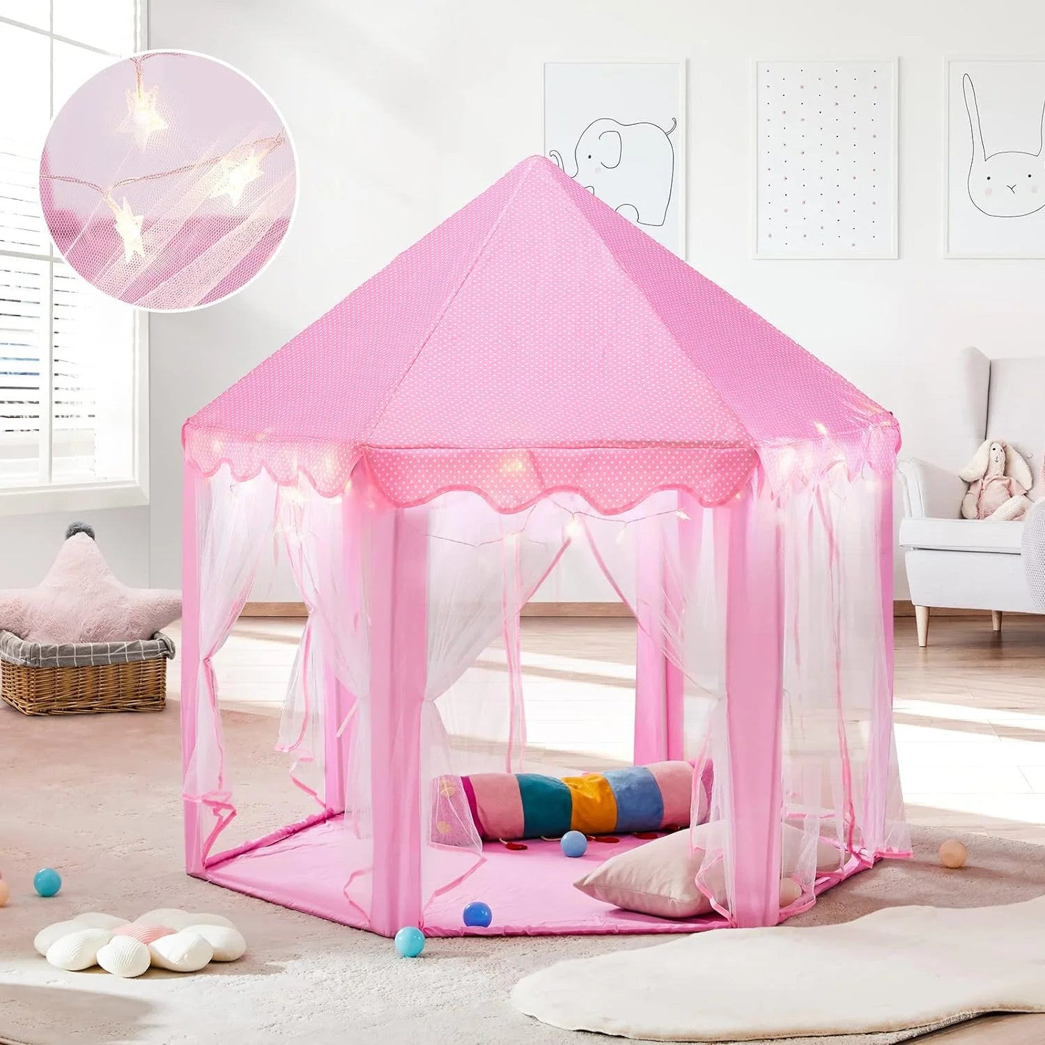Princess Castle Play Tents with LED Star Lights,Large Size 55" X 53" Pink Hexagon Playhouses Kids Toys for Children Toddlers Indoor Outdoor Games