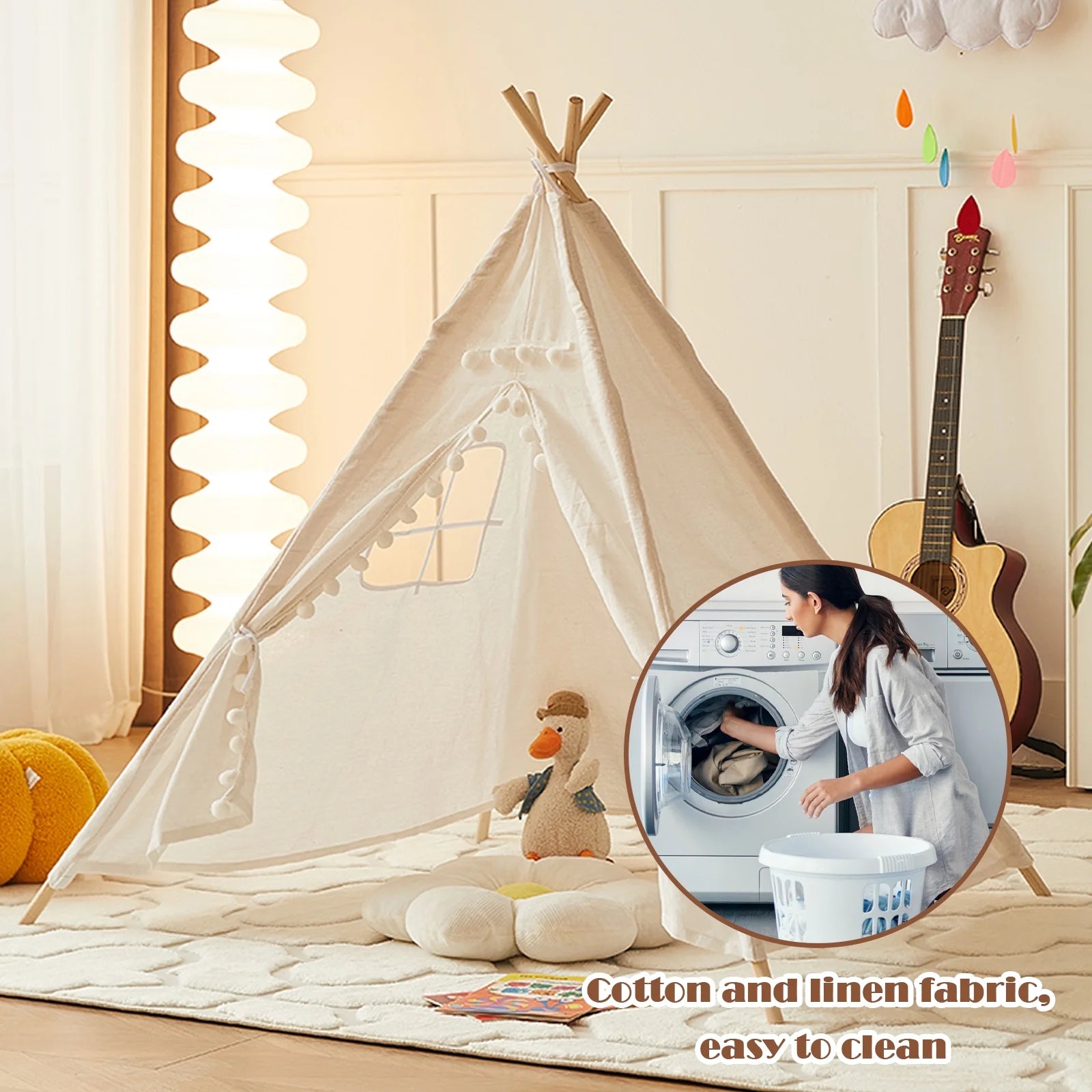 Teepee Tent for Kids, Play Tent with Pompom Ball Design,Washable Foldable Kids Tent for Indoor and Outdoor, Playhouse Toys for Toddler, Boys and Girls