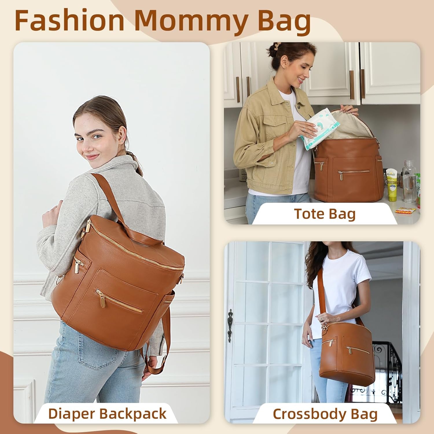 Diaper Bag Backpack Baby Diaper Bag, Large Leather Diaper Bag Backpack with Changing Pad, Stroller Straps, and 2 Insulated Pockets(Convertible, Brown)