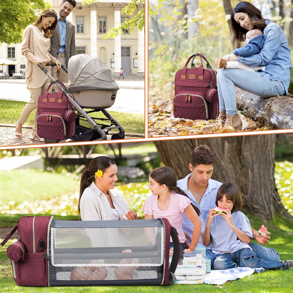 Diaper Bag Backpack, Multifunction Diaper Bag Backpack with Changing Station, USB Charging Port & Foldable Crib, Large Capacity Travel Backpack W/Sunshade&Pacifier Case&Stroller Straps(Red)