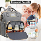 Diaper Bag Backpack, Multifunctional Baby Changing Bag with Foldable Crib & Insulated Milk Bottle Pocket, Large Capacity Travel Backpack with USB Charging Port & Stroller Strap (Grey)