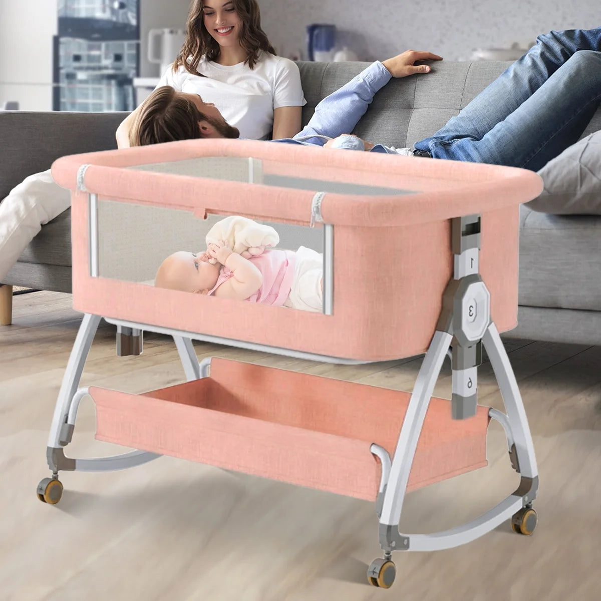 Baby Bassinet with Wheels, Portable Infant Bedside Crib Travel Bassinet, Pink