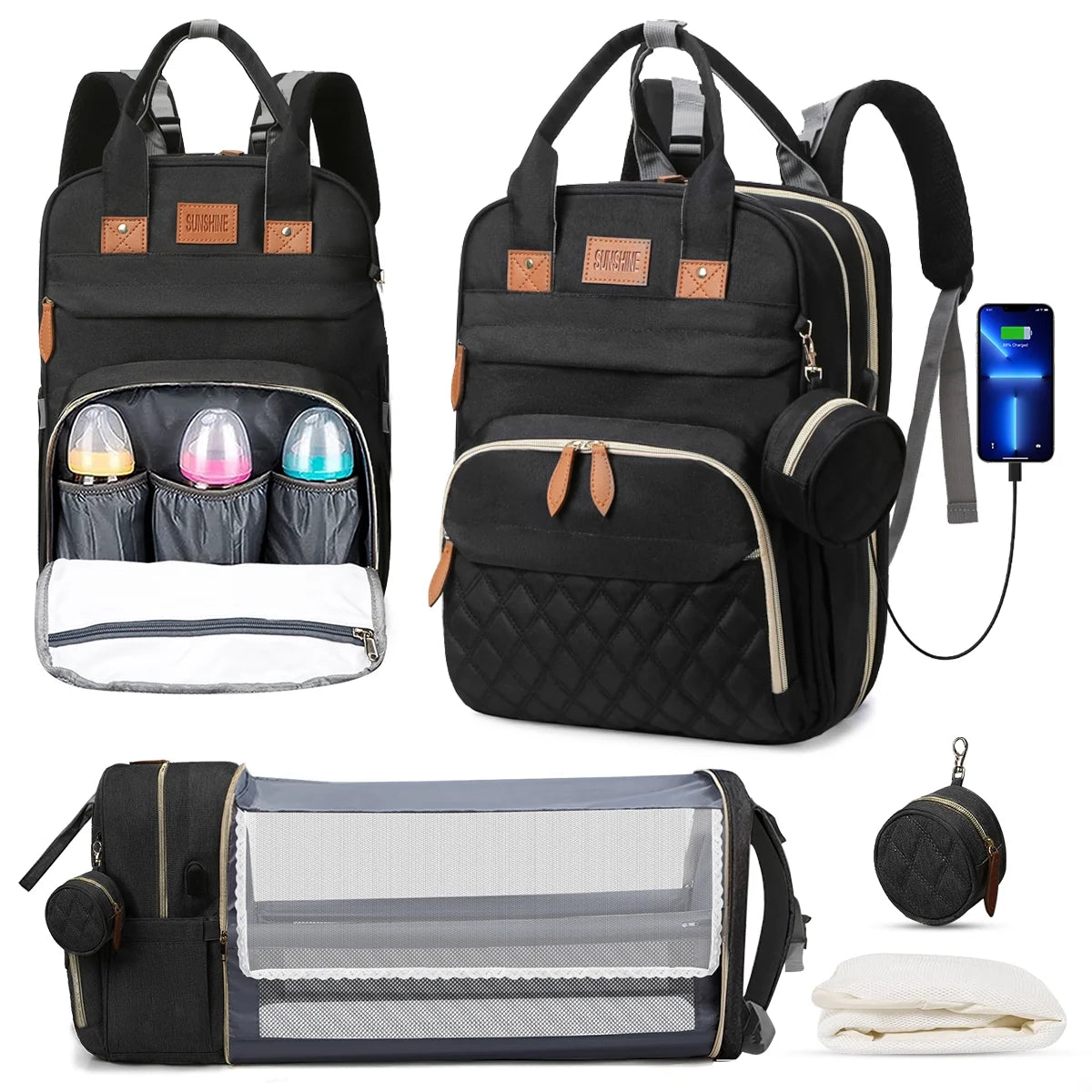 Diaper Bag Backpack, Multifunction Diaper Bag Backpack with Changing Station, USB Charging Port & Foldable Crib, Large Capacity Travel Backpack W/Sunshade&Pacifier Case&Stroller Straps(Red)