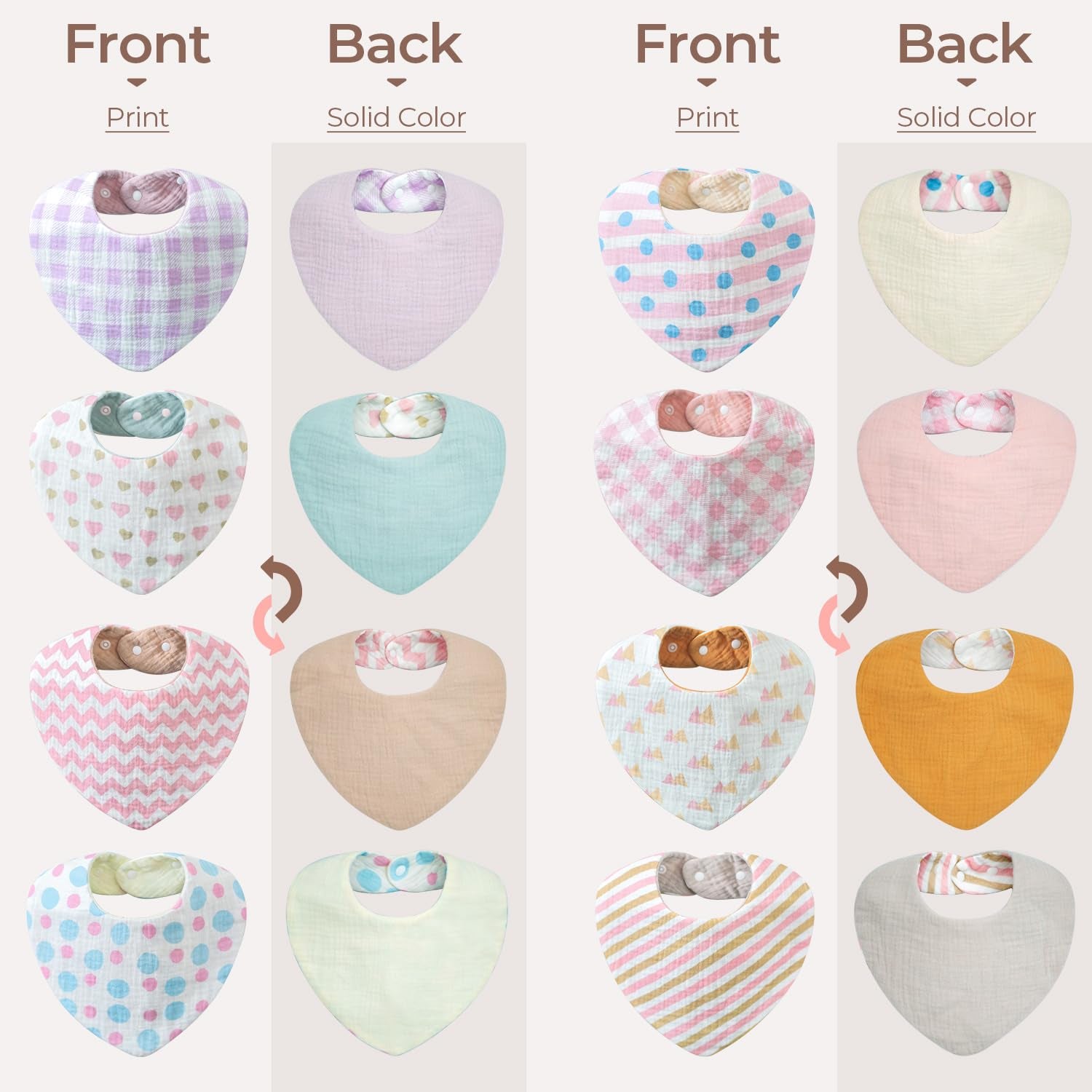 Reversible Muslin Bibs for Baby Girl, 8 Pack, 16 Stylish Designs Bandana Bibs, Solid Colors & Adorable Prints, Soft and Absorbent Baby Bibs for Drooling and Teething