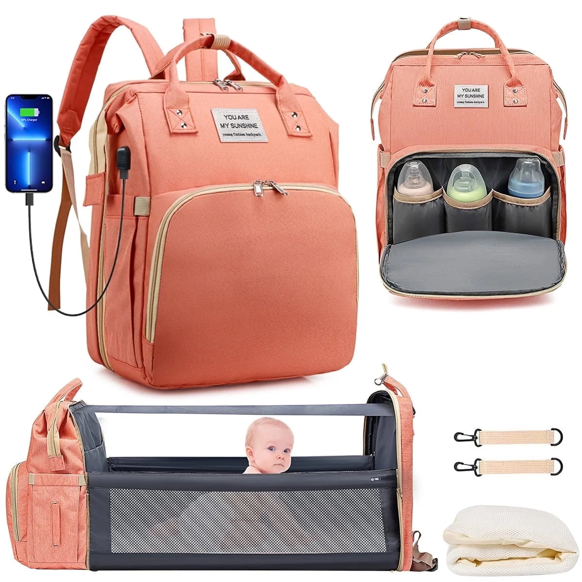 Diaper Bag Backpack, Multifunctional Baby Changing Bag with Foldable Crib & Insulated Milk Bottle Pocket, Large Capacity Travel Backpack with USB Charging Port & Stroller Strap (Black)