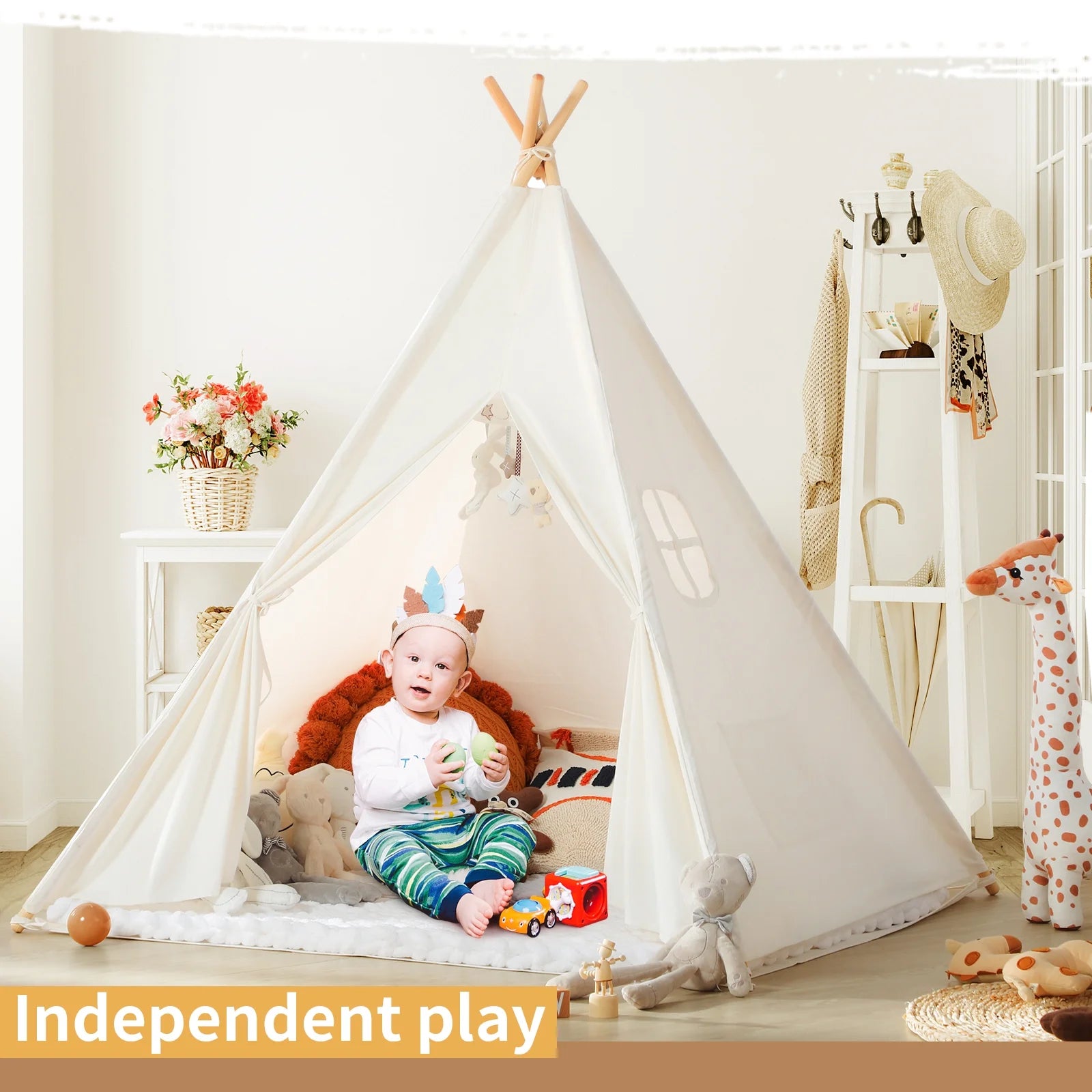 Kids Teepee Tent for 3-8 Years Kids Toddlers White Canvas Playhouse Indoor Outdoor Games