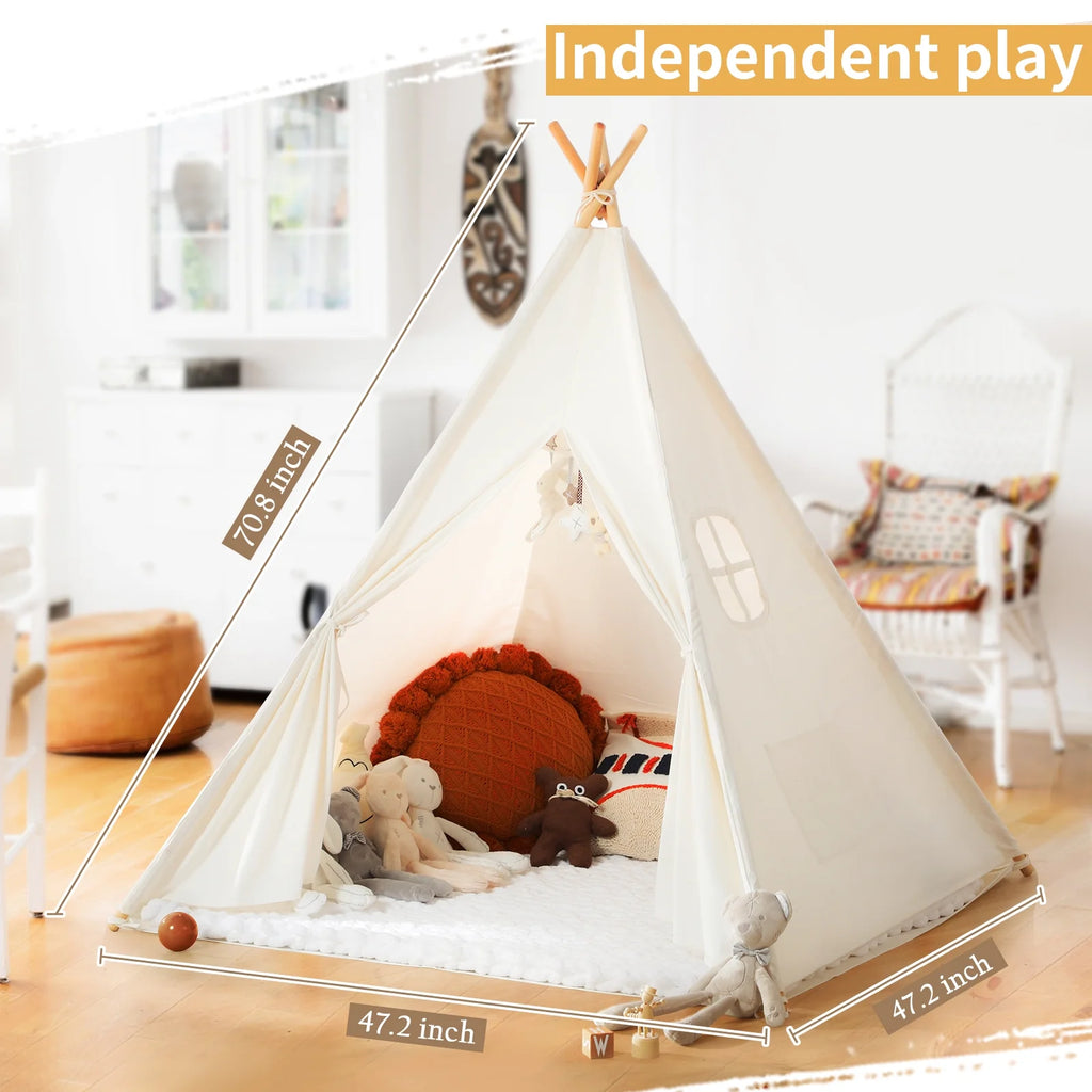 Kids Teepee Tent for 3-8 Years Kids Toddlers White Canvas Playhouse Indoor Outdoor Games