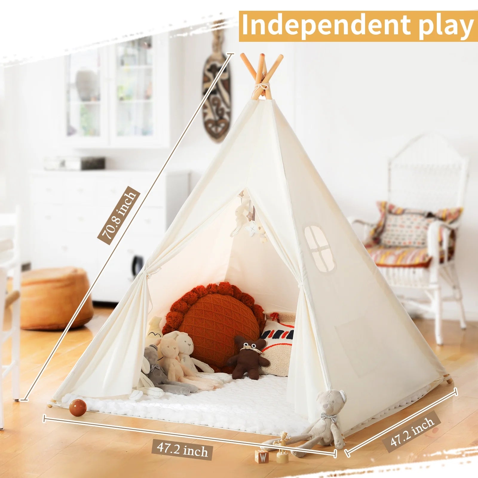 Kids Teepee Tent for 3-8 Years Kids Toddlers White Canvas Playhouse Indoor Outdoor Games