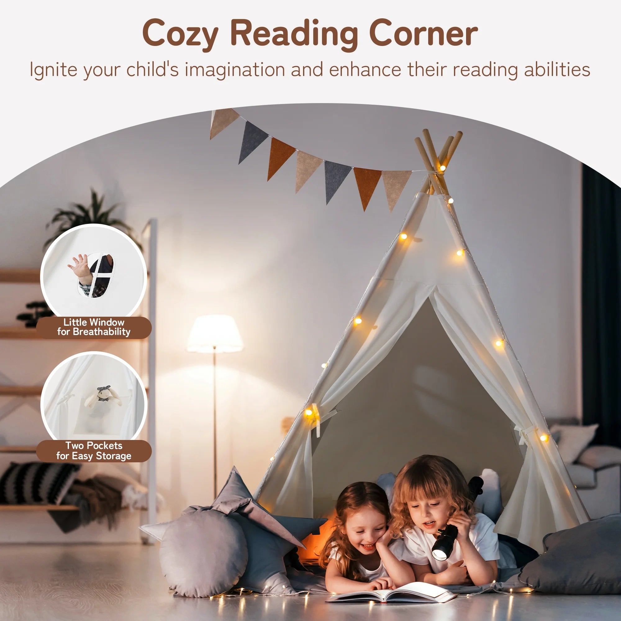 Kids Teepee Tent for Girls and Boys with Light,Toddler Playhouse Tent Indoor Play Tent
