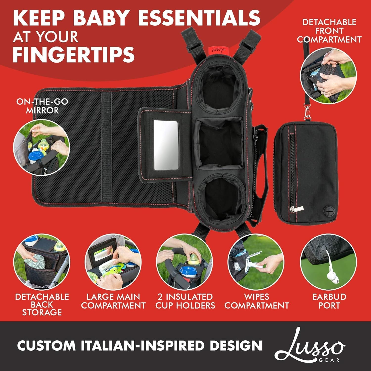 Stroller Organizer with Cup Holder - Fits Strollers, Stroller Accessory for Baby Storage on the Go, Stroller Caddy with Multiple Storage Sections, Secure Fit Won’T Slip or Slide (Red)