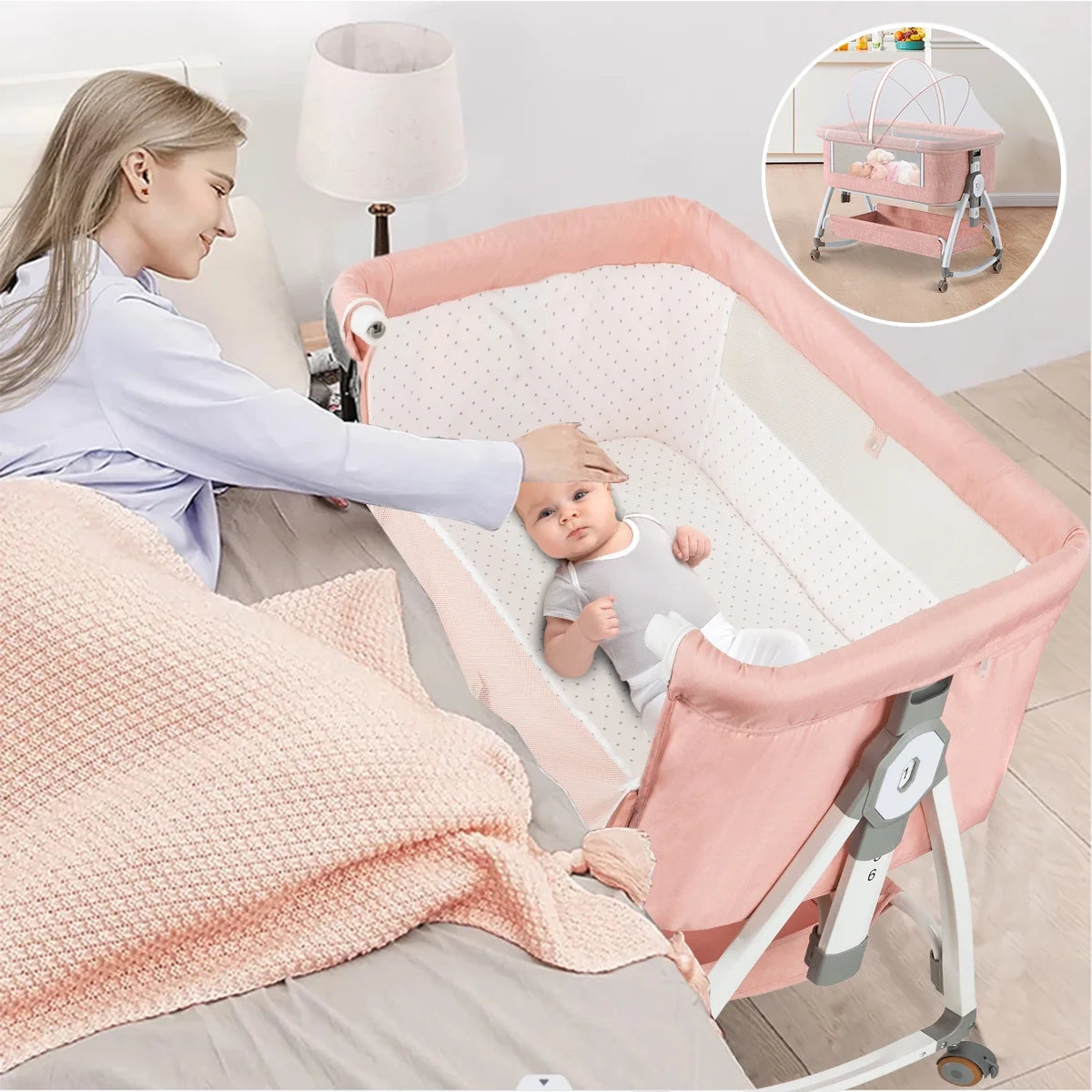Baby Bassinet with Wheels, Portable Infant Bedside Crib Travel Bassinet, Pink
