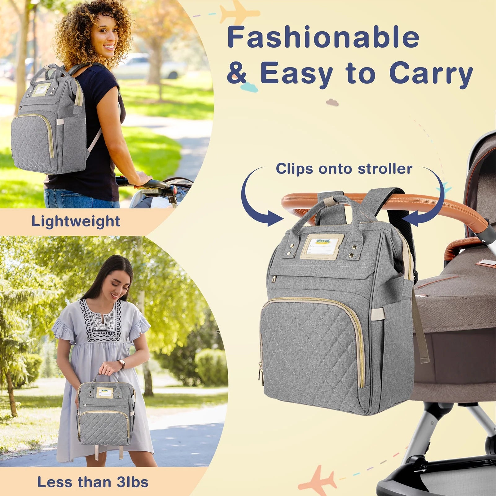 Diaper Bag Backpack, Multifunctional Baby Changing Bag with Insulated Milk Bottle Pocket & Stroller Strap, Large Capacity Travel Backpack with USB Charging Port, Baby Bags for Boys Girls(Gray)